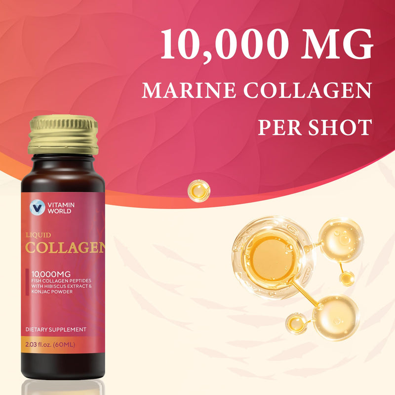 Vitamin World Liquid Collagen 10,000 mg, 2.03 fl oz x 10 Bottles | Marine Collagen Beauty Shot with Ceramides & Hibiscus Extract, Skin Hydration & Elasticity Support, Collagen Drink for Women