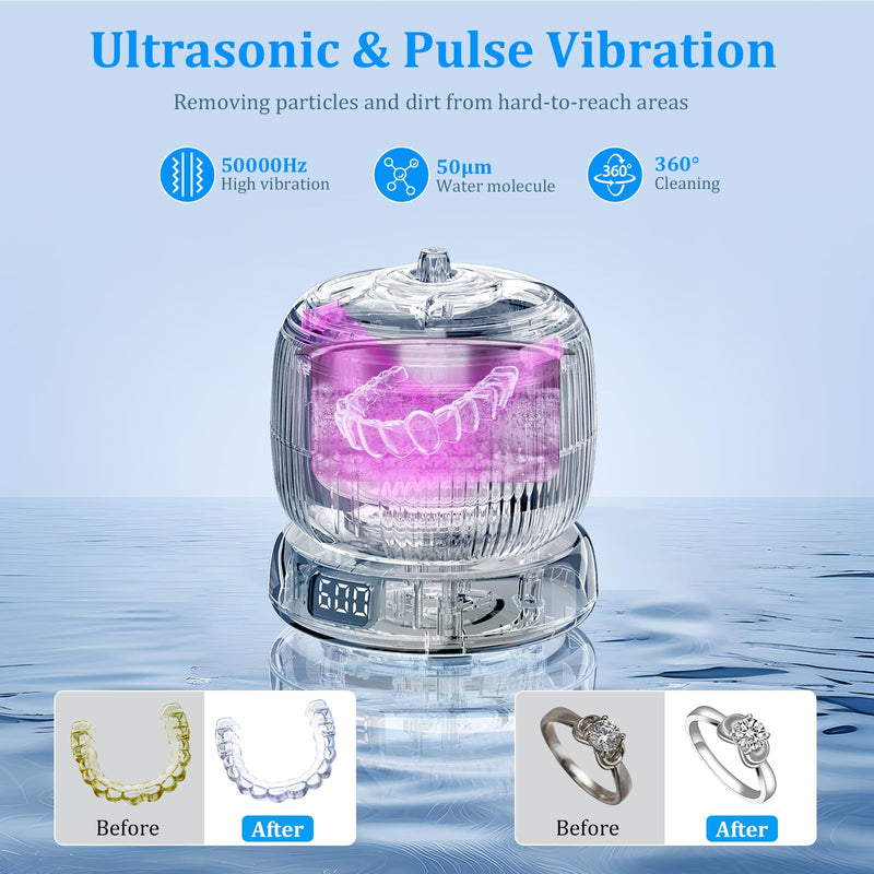 [Australia] - 50kHz Ultrasonic Retainer Cleaner Machine for Travel & Home, Portable Denture Cleaner with Removable Base, 4 Modes Timer, Dental Cleaning Pod for Aligners, Braces, Mouth Guard, Jewelry, Toothbrush Black 