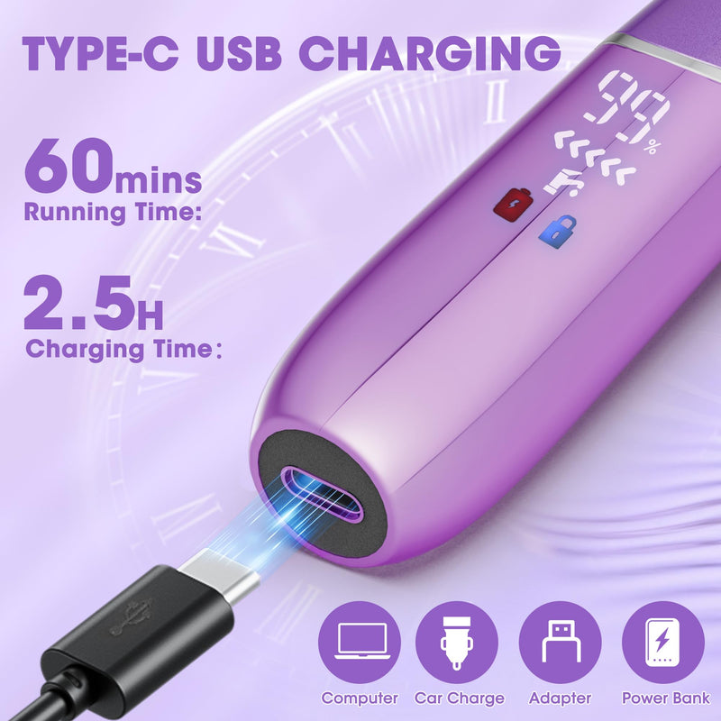 Karrte 6-in-1 Electric Razor for Women's Pubic Hair, Painless Body Shaver and Facial Epilator, Hair Removal for Face, Bikini Trimmer for Women's Private Area Purple