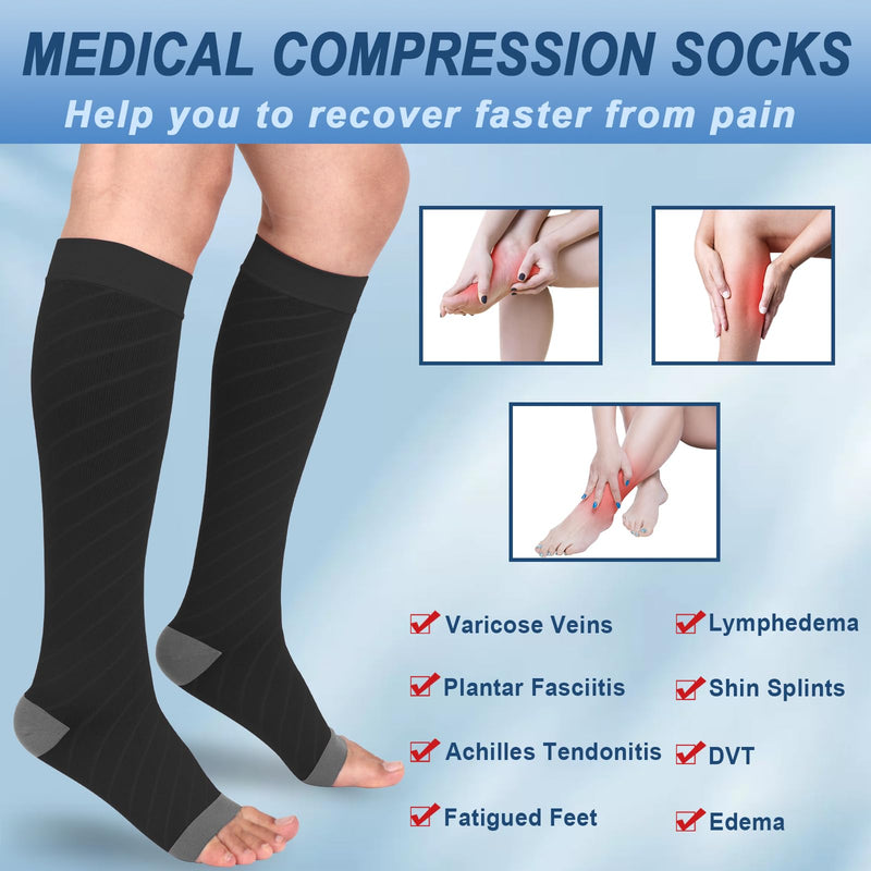 [Australia] - beister 20-30 mmHg Medical Compression Stockings for Men and Women, Open Toe Calf Compression Knee Socks, Graduated Support Stockings for Varicose Veins, Edema, Pregnancy Black Gray L 
