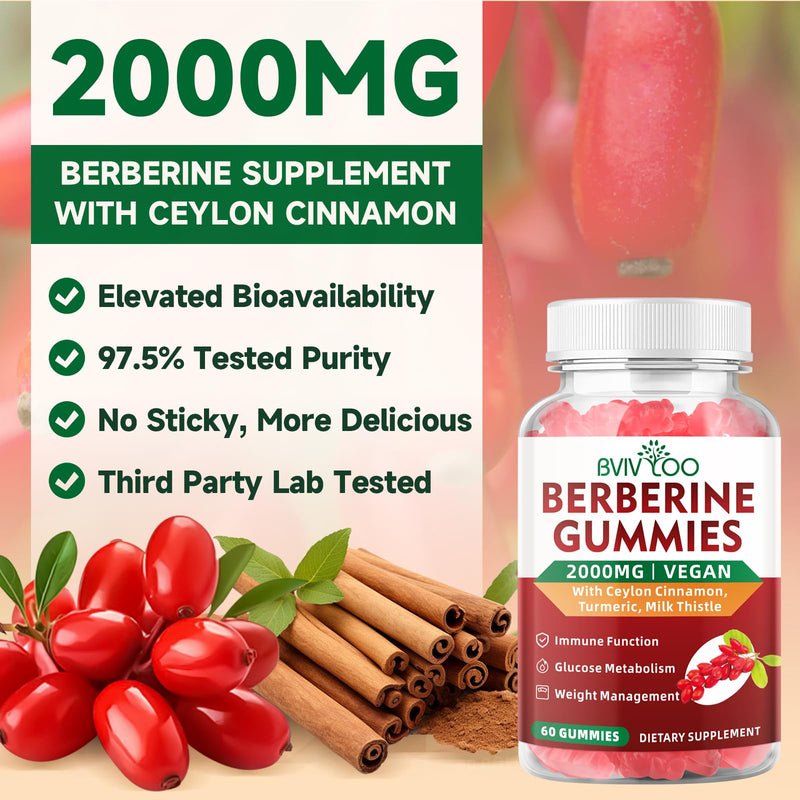 [Australia] - 2 Pack Berberine Gummies, 2000mg High Potency Berberine HCI Supplement, Plus Ceylon Cinnamon, Milk Thistle for Women & Men, Immune System & Metabolism Support - 120 Gummies 2pack 