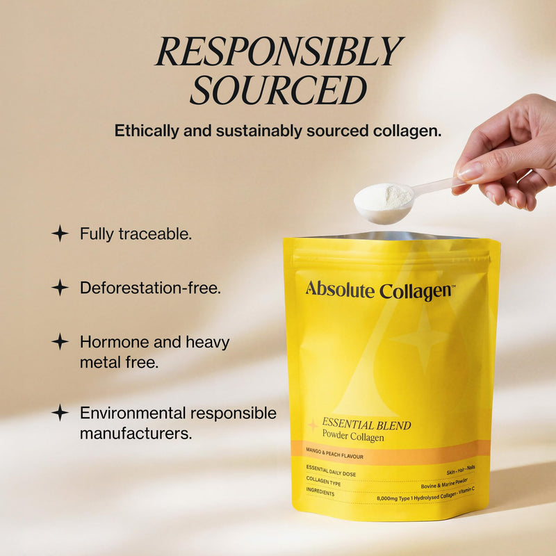 Absolute Collagen Essential Blend Halal Powder Collagen | Mango & Peach Flavour | 8000mg Collagen (5000mg Bovine & 3000mg Marine) | 60mg Vitamin C | Supports Hair, Nail & Skin Health | 28 Servings 4 Week Supply