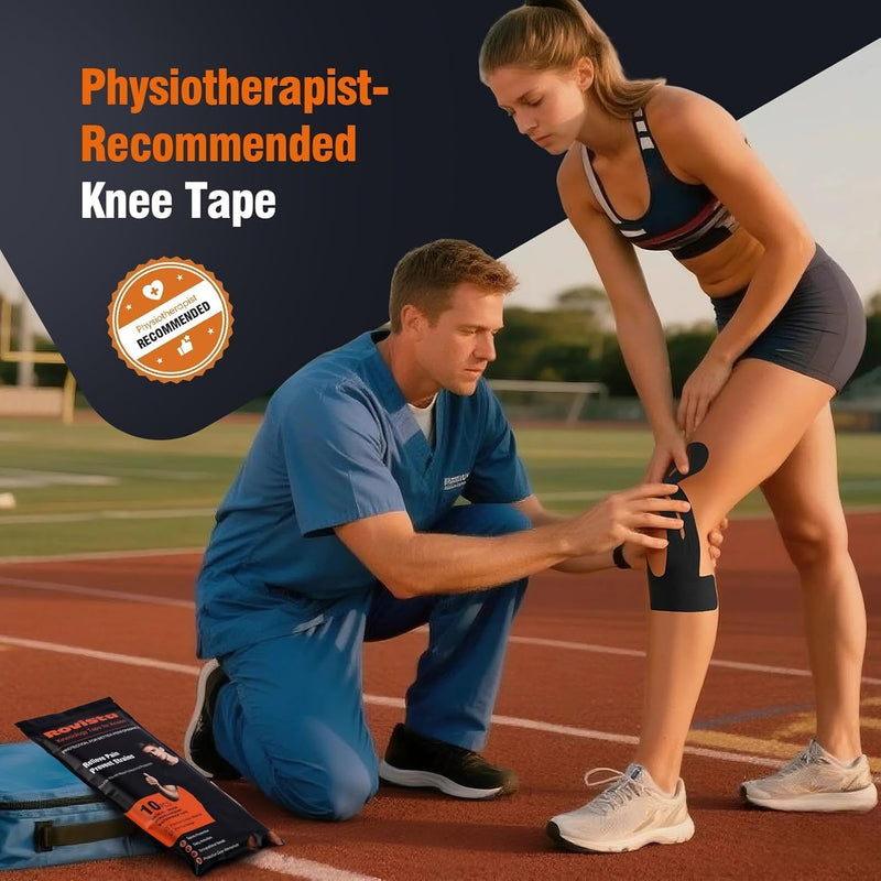 [Australia] - 10 Pcs Precut Kinesiology Tape for Knees - Waterproof and Breathable Knee Tape - Latex-Free and Elastic Athletic Tape for Stability Support and Pain Relief (Black, Standard) Black 