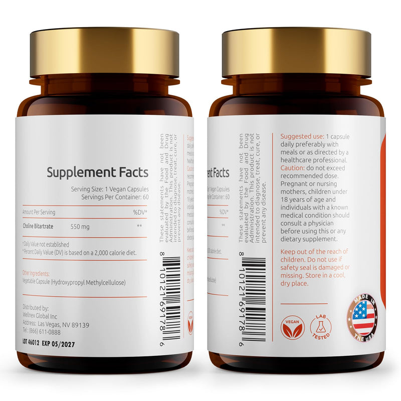 [Australia] - Choline Bitartrate 550mg, Supports Liver & Brain Health, High Absorption Choline Supplements, Non-GMO, Gluten-Free, Made in USA, 60 Vegan Capsules 60 Count (Pack of 1) 