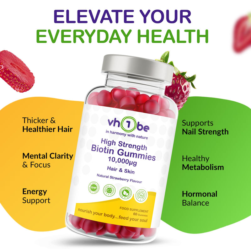 Biotin Gummies 10000mcg Per Serving – 60 High Strength Vitamin B7 for Hair Growth, Skin & Energy Support | Natural Strawberry Flavour Biotin Supplement | Vegan Hair Gummies by vh1be 60 count (Pack of 1)