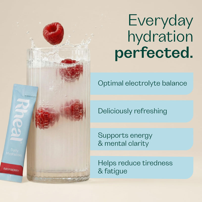 Rheal Hydration Sachets, 28 Pack, Ready to Mix, Essential Electrolytes & Vitamin Drink Powder, Sugar Free, Daily Hydration, Energy, Focus, Recovery & Reduced Fatigue – Raspberry