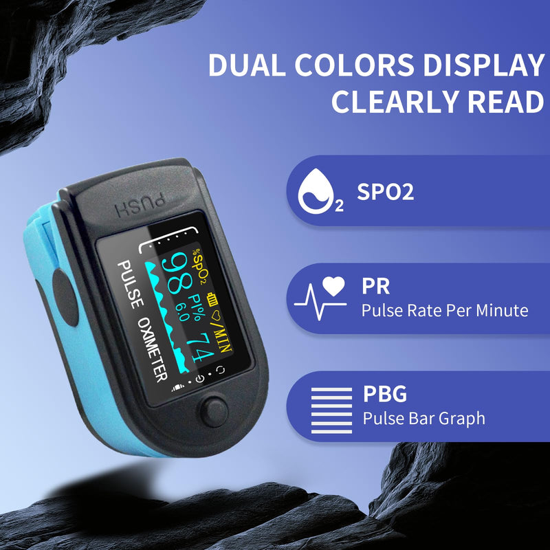 Two-Toned Athletic and Aviation Pulse Oximeter SpO2, Pulse Oximeter Fingertip and PR Value Waveform Blood Oxygen Neck/Wrist/Fingertips(Black-blue)