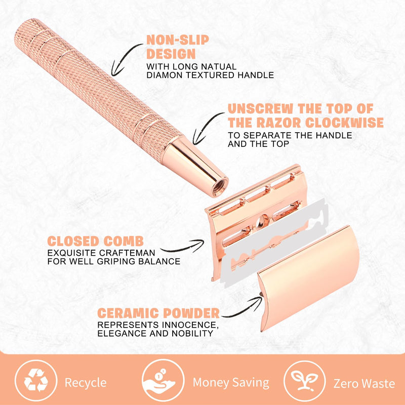 [Australia] - Double Edge Safety Razor, Single Blade Razors for Women, with 10 Platinum Coated Safety Razor Blades, Reusable Metal Face Razors for Men, Sustainable Safety Shaving Razor, No Plastic, Rose Gold Rose Gold Razor 