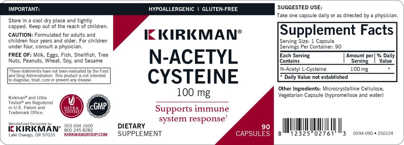 [Australia] - Kirkman NAC Supplement, N-Acetyl Cysteine 100mg, 90 Vegetarian Capsules, Immune Support Supplement, Antioxidant, Promotes Glutathione Production, Hypoallergenic, Gluten & Casein Free 