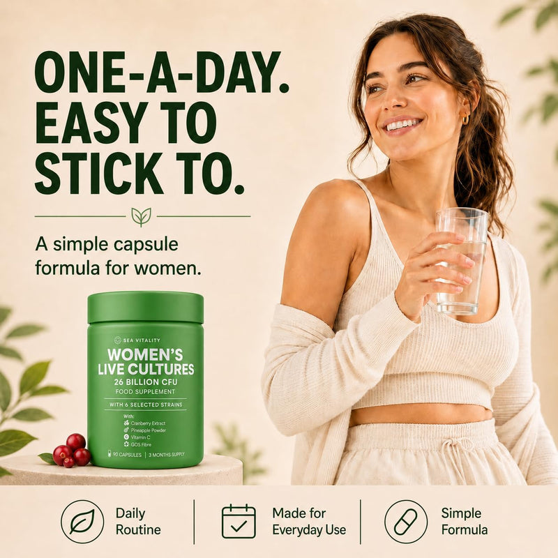 Women's Live Cultures Food Supplement - 26 Billion CFU, 6 Selected Strains with Cranberry Extract, Pineapple Powder, GOS & Vitamin C - 90 Capsules, 1-a-Day Formula for Women, 90 Day Supply 90 count (Pack of 1)