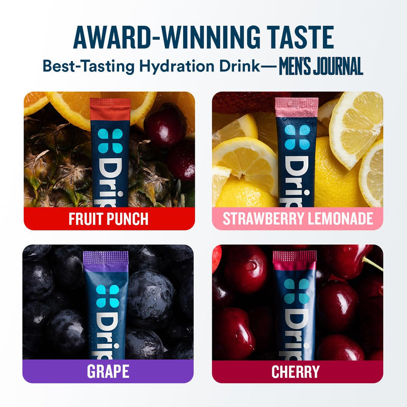 DripDrop Hydration Juicy Variety Pack, Electrolyte Packets, 32 Count | Grape, Fruit Punch, Strawberry Lemonade & Cherry; 3X Electrolytes, Vitamin C, Magnesium, Zinc; Single Serve Powder Drink Mix