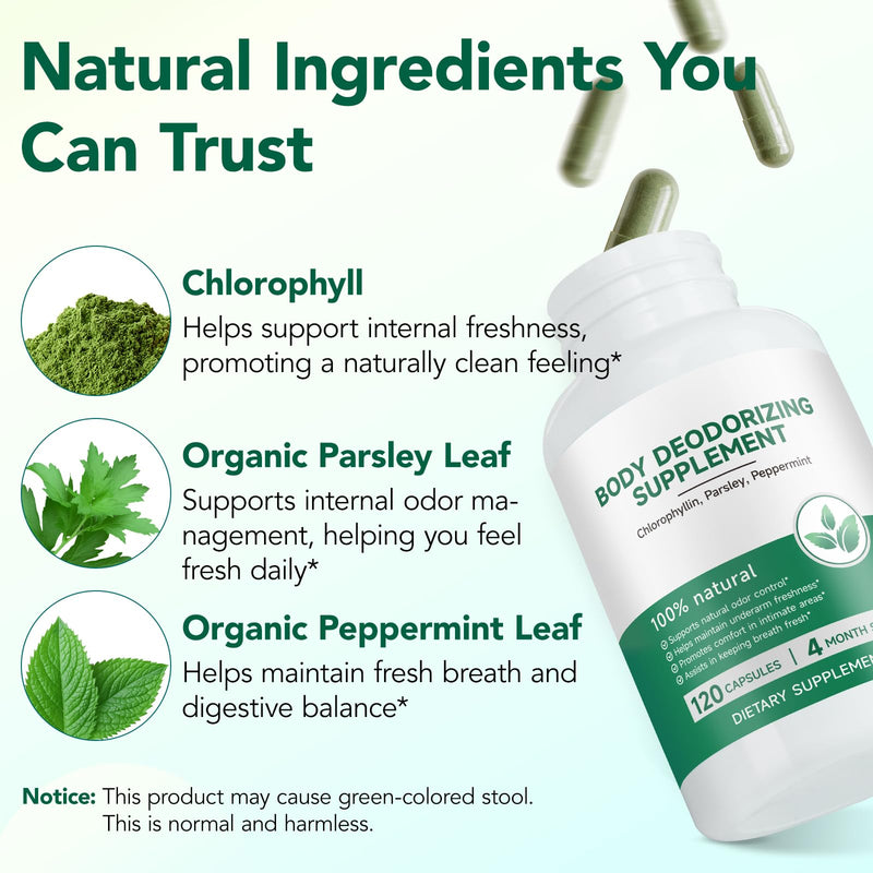Body Deodorizing Supplement 120 Capsules, Internal Deodorant Chlorophyll Capsules, Natural Odor Control Chlorophyll Pills for Gut Health, Skin Health, Detox & Digestion Support