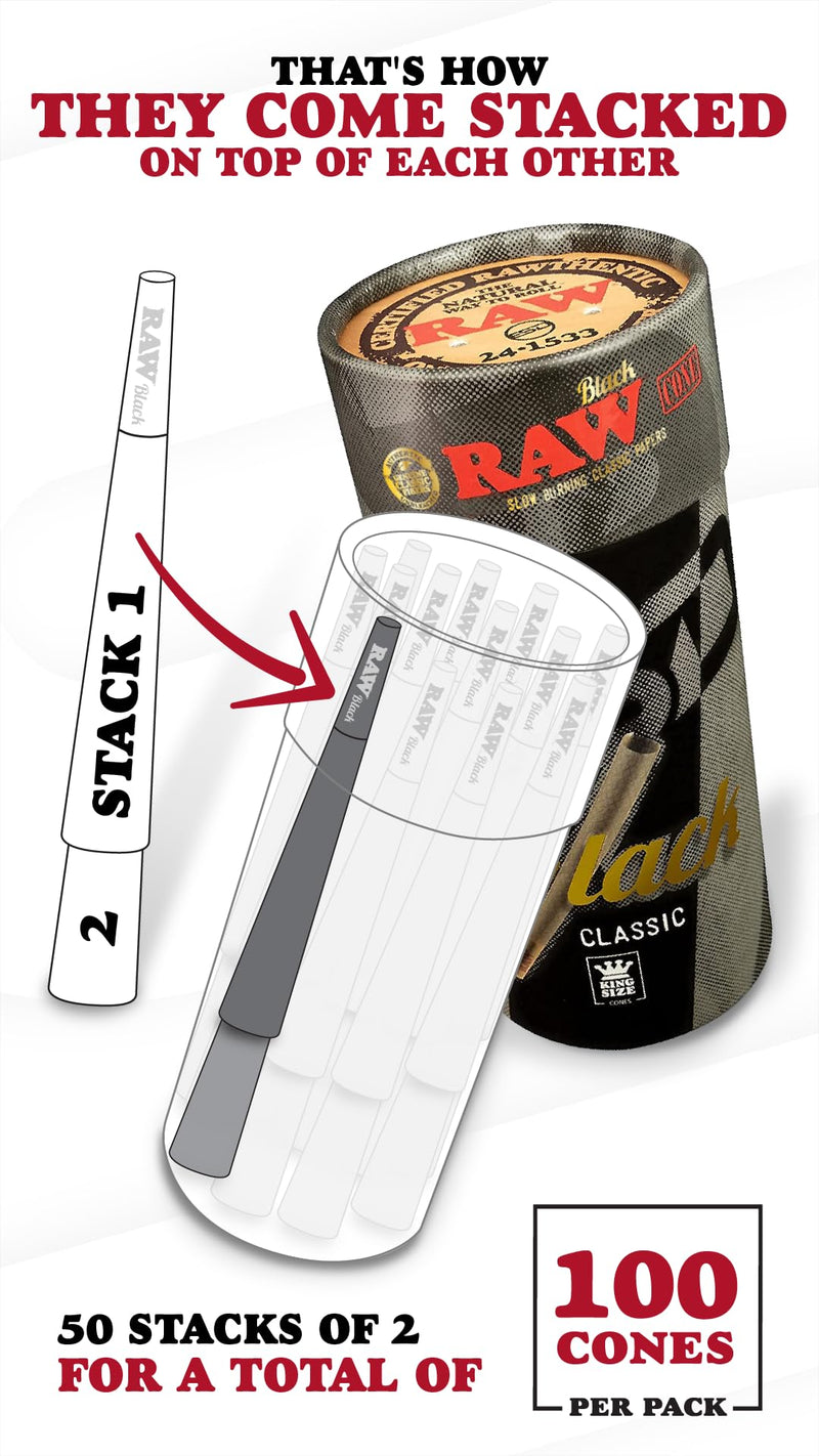 [Australia] - RAW Black Cones King Size | 100 Pack | Natural Pre Rolled Rolling Paper Pressed Extra Fine for Thin, Slow Burning, Naturally Translucent Paper with Tips & Packing Tubes Included Classic 100 Count (Pack of 1) 