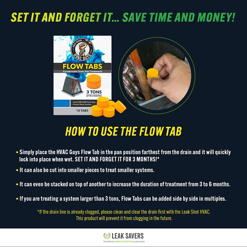 [Australia] - HVAC Guys Flow Tabs with Gel Lock Technology - 18 Pack - Keeps Drain Pans Clean, Prevents Overflow, 3 Ton Tab Lasts up to 3 Months - 1 Tab is equal to 18 Regular Tablets (324 total) - Made in the USA 18-Pack 