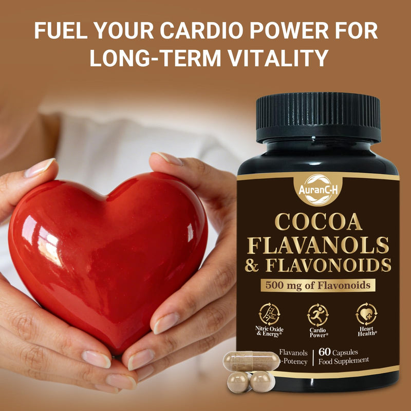 High Flavanol Cocoa Powder, Cocoa Cardio Health Supplement, 500mg Cocoa Flavanols, Support Heart Health, Boost Nitric Oxide, Blood Circulation, Energy, Vegan, Dark Chocolate, 60 Capsules