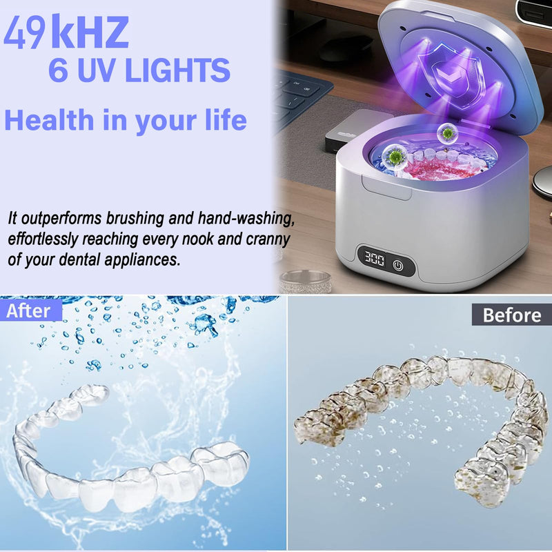 [Australia] - Ultrasonic Retainer Cleaner with UV, 300ML, 49kHz, Dental Cleaning Pod for Dentures, Aligners, Night Guards, Braces, Toothbrush Heads, Jewelry, Mouth Guard, 4 Modes with Digital Timer 