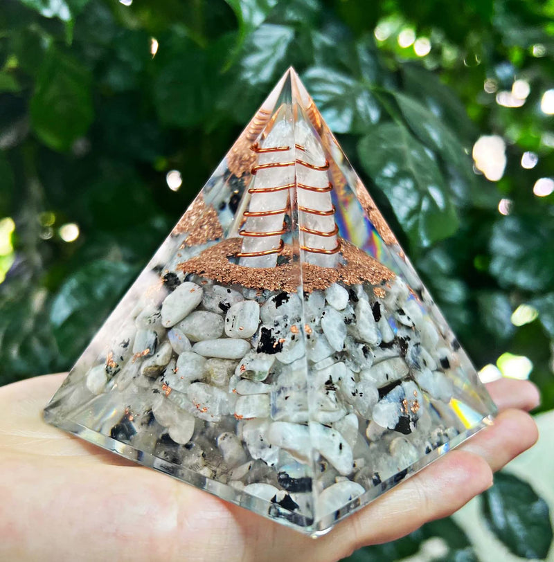 Orgonite Pyramid, Rainbow Moonstone Orgonite Crystal Pyramid, Positive Energy, Strength, Crystal Gemstone Pyramid