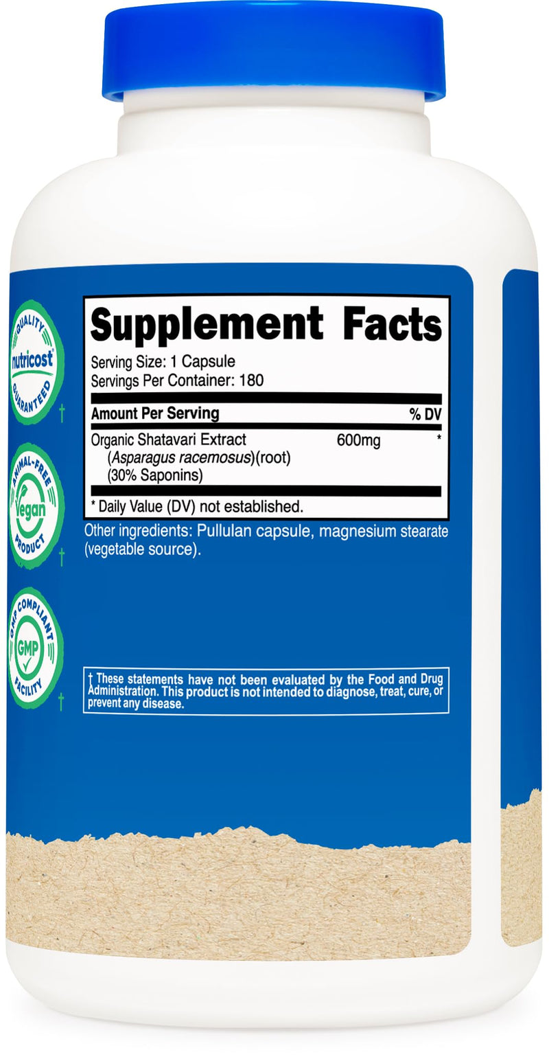 [Australia] - Nutricost Shatavari 600mg, 180 Capsules, 180 Servings - CCOF Certified Made with Organic Shatavari, Non-GMO, Gluten Free, Vegetarian Friendly 