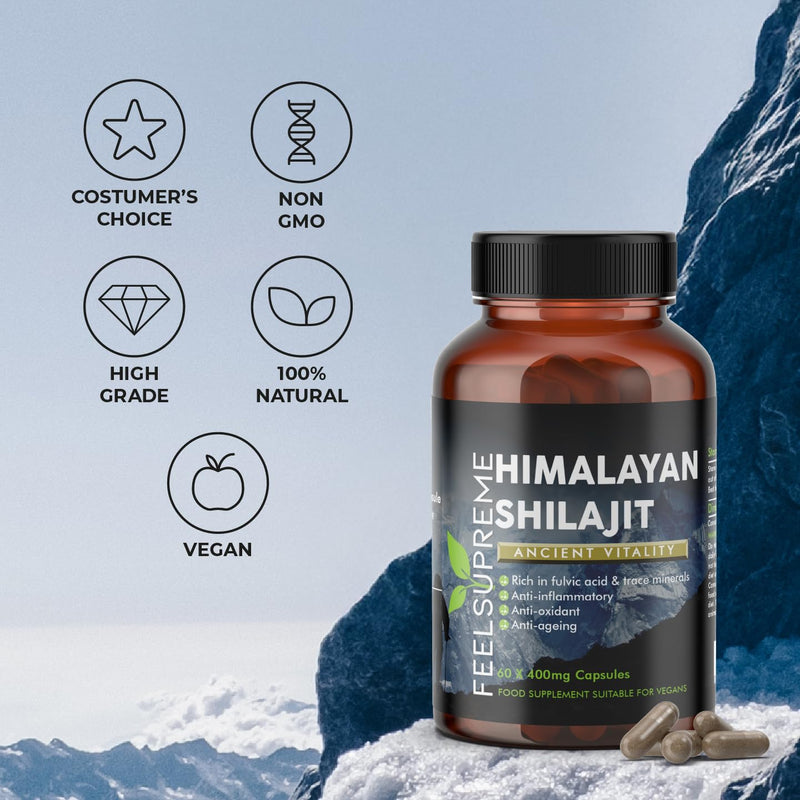 Himalayan Shilajit Capsules - 100% Pure and Natural, Tasteless - Rich in Trace Minerals, Iron, Fulvic and Humic Acid - Shilajit Supplement - 60 x 400mg