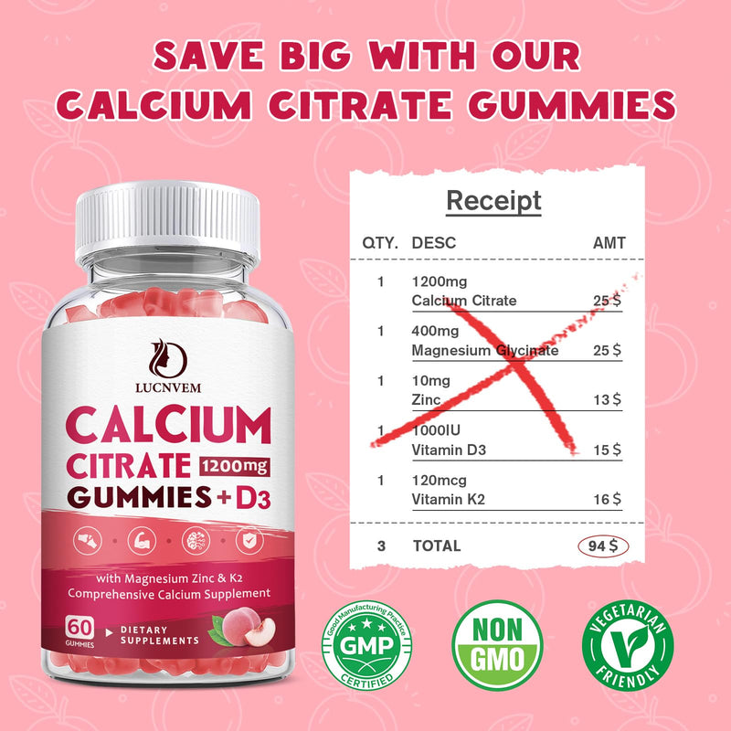 [Australia] - (2 Pack) Calcium Citrate 1200mg with Vitamin D3 Supplements Gummies for Women & Men, Calcium Gummies with Vitamin D3 K2, High Absorption for Bone Muscle Healthy- Peach Flavor- 60 Day Supply 60 Count (Pack of 2) 