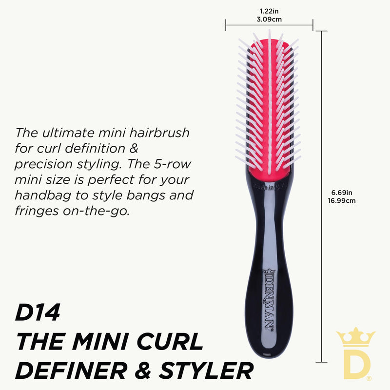 Denman Mini Curl Definer & Styler 5 Row Hairbrush for Detangling, Separating, and Defining Curls, Curly Hairbrush, Sleek Blowdrying - D14 Black/Red