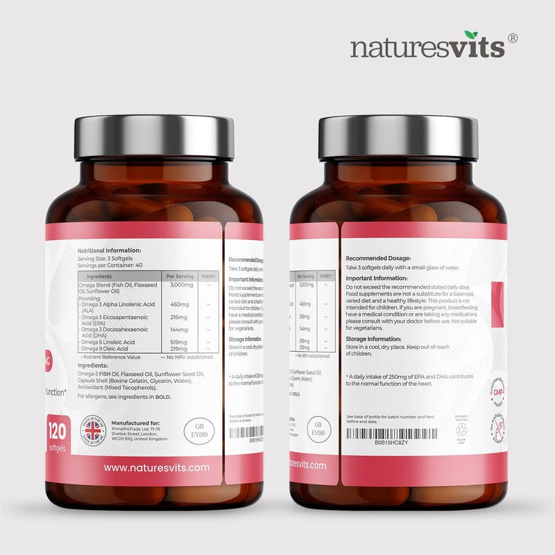Omega 3, 6 and 9 High Strength Capsules, 3000mg - Fish and Flaxseed Oil Fatty Acid Nutritional Supplements for Women and Men - Natural Source of EPA and DHA - Easy Swallow Softgels