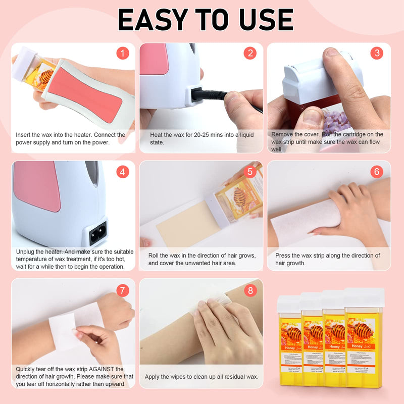 [Australia] - Roll On Wax, Honey Hair Removal Wax Cartridge, Depilatory Wax Roller Refill, 4 Pack - 100% Natural Material, Dermatologically Tested, Easy & Safe to Use, For Body Waxing, Leg and Arms 