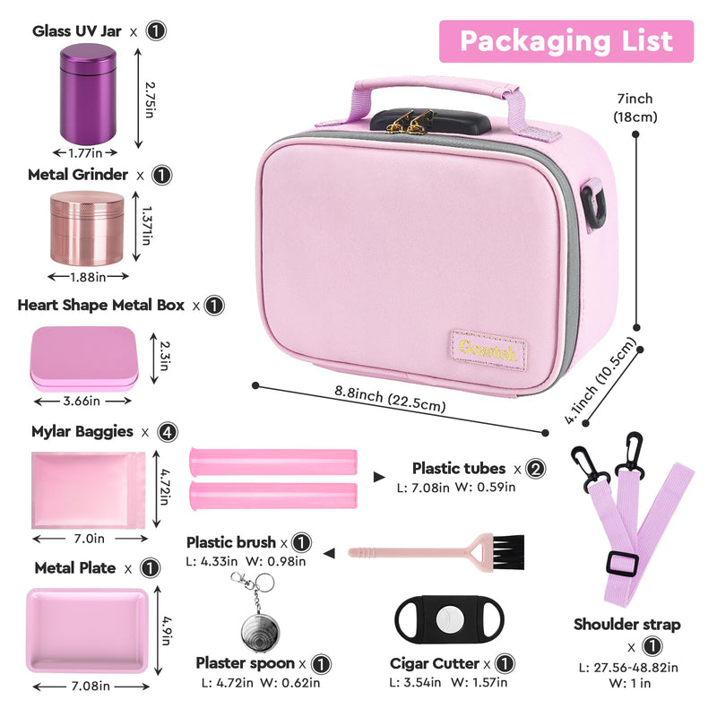 Gosstek Pink Leather Smell Proof Carrier Bag with 10 Accessories, Premium Organizers Box Case with Combination Lock and Great Gift for Women, Childproof Organization Container Pouch 9 X 6 X 4 Inches.