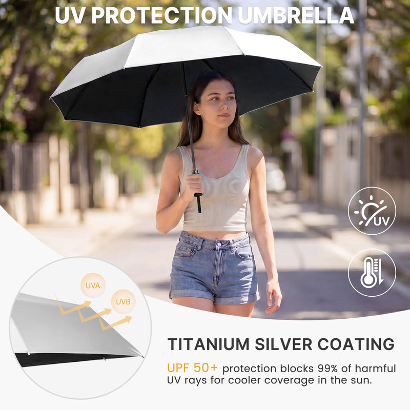 G4Free 46 Inch Mini Travel Umbrella with Retractable Handle Pocket Size Travel Umbrella with Ring Carabiner Handle, Automatic Open UV Protection