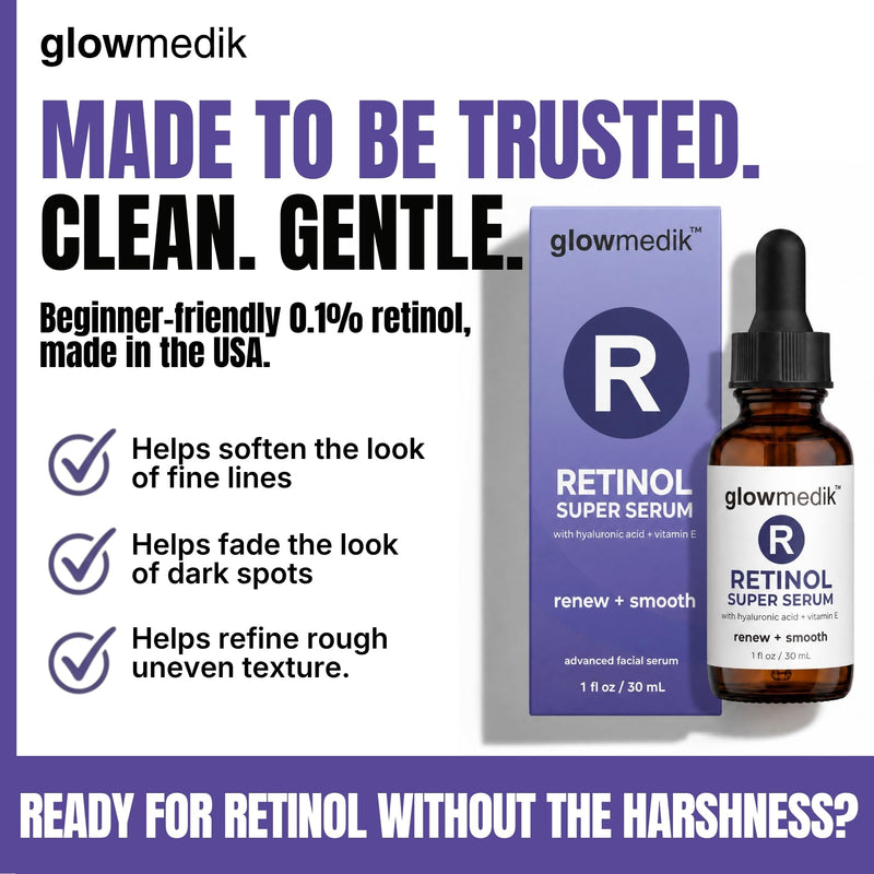 Glowmedik Retinol Booster Serum For Face with Hyaluronic Acid, Vitamin E & Aloe, Facial Skin Care, Fragrance Free – 30ml