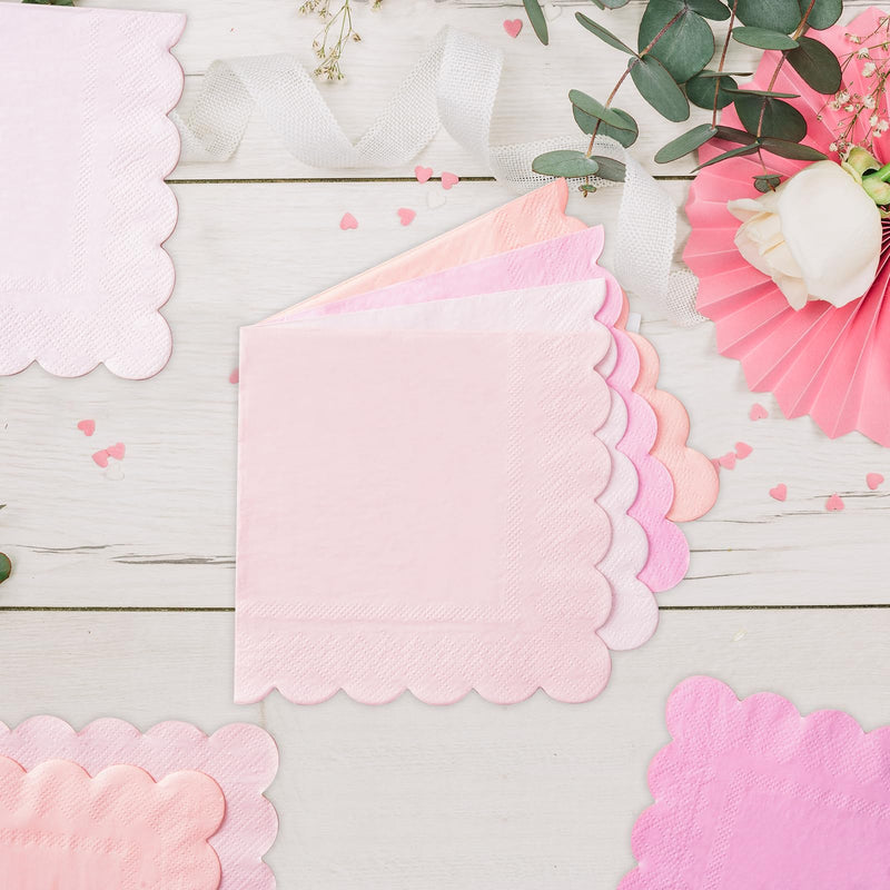 [Australia] - 100 Pink Scalloped Cocktail Napkins, 3 Ply 5 x 5 Inch Beverage Napkins Gradient Color Paper Napkins Disposable Luncheon Napkins for Wedding Birthday Party Bridal Anniversary Baby Shower 
