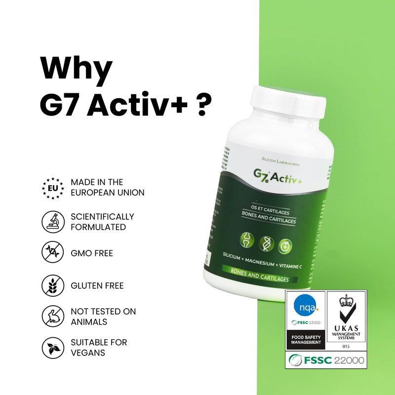 G7 Activ +. Improved Formula. Silicon Supplementation with Vitamin C and Magnesium which Improves The Maintenance Normal Bones and Joints. Extra Energy Supply and Vitality. 60 Capsules.