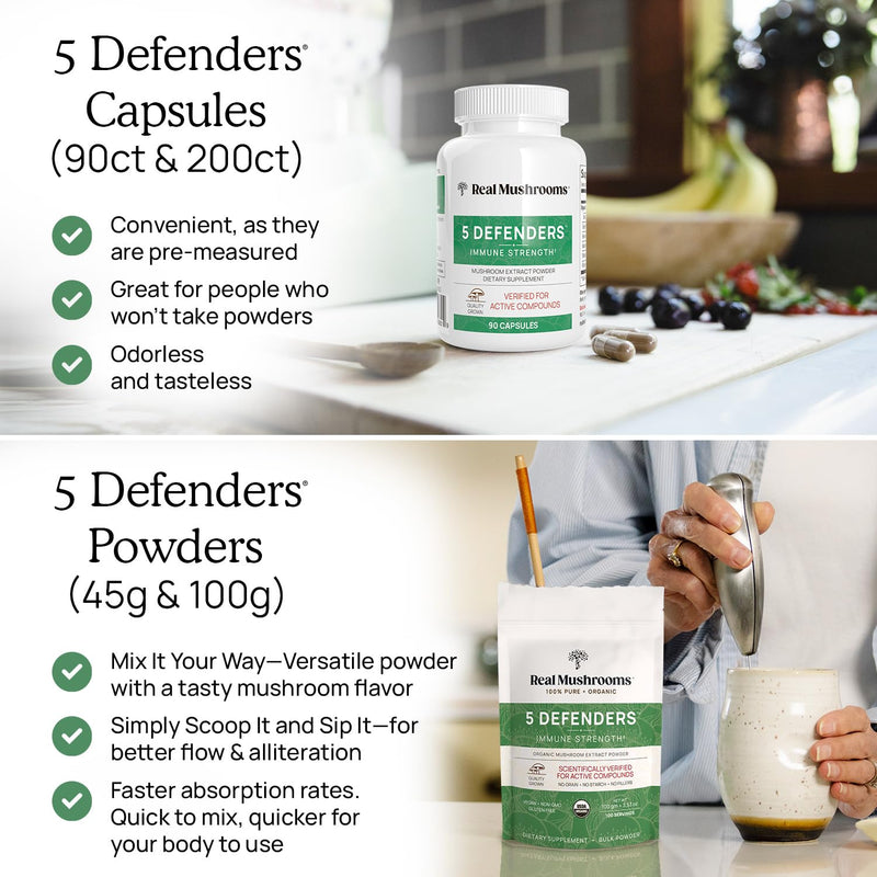 [Australia] - Real Mushrooms 5 Defenders - Adaptogenic Mushrooms Complex with Chaga, Reishi, Turkey Tail, Maitake & Shiitake for Wellness Support - Mushroom Beta Glucan Capsules - 90 Count 