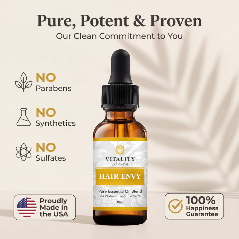 Vitality Extracts Hair Envy - Natural Hair Growth Serum - 100% Pure Essential Oils, 15 Plant Extracts, No Synthetics, No Parabens - Strengthen Hair, Minimize Breakage, Stimulate Follicles