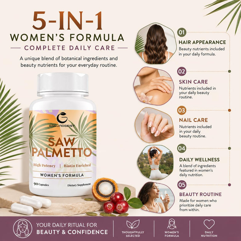 Saw Palmetto for Women Hair Loss - DHT Blocker with 5-in-1 Blend for Hair Growth, Skin & Nails, Urinary Wellness - Extra Strength Saw Palmetto Supplement - 90 Capsules | for Hair Growth, Skin & Nails, Urinary Wellness - Extra Strength Saw Palmetto Supp...