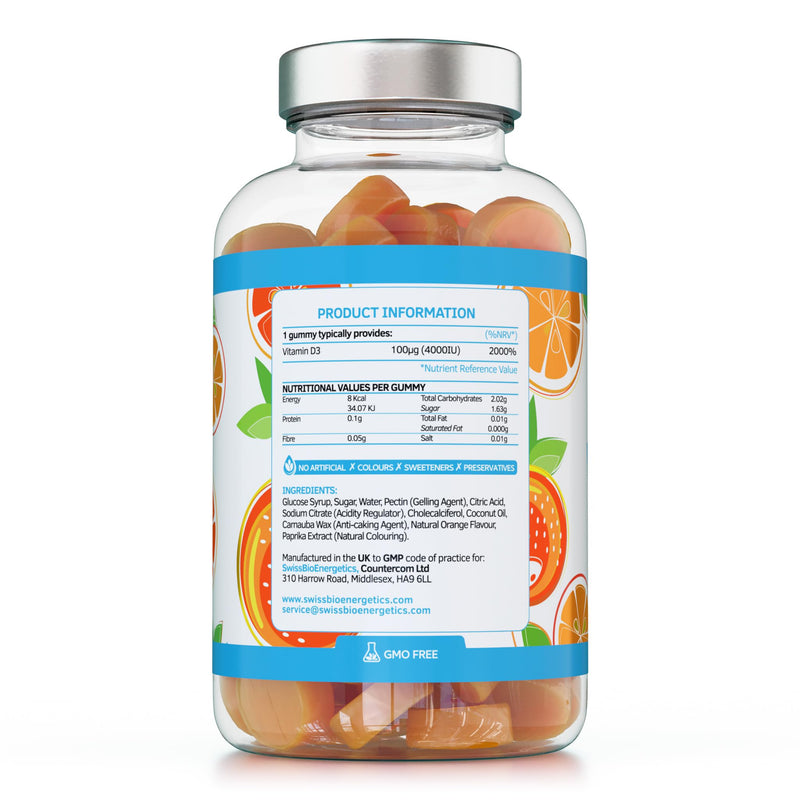 Vitamin D3 Gummies 4000IU, 100µg - 60 Natural Orange Flavour Chewable Yummy Gummies - 2 Month Supply - Made in the UK