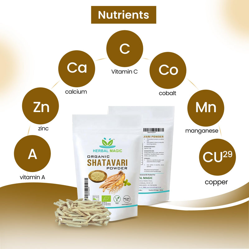 Herbal Magic's Organic Shatavari Root Powder(Asparagus racemosus)-Prized Herb in Ayurveda-Plant of 100 Roots superfood Combi with Milk& Honey - Free from Fillers&Preservatives-300g