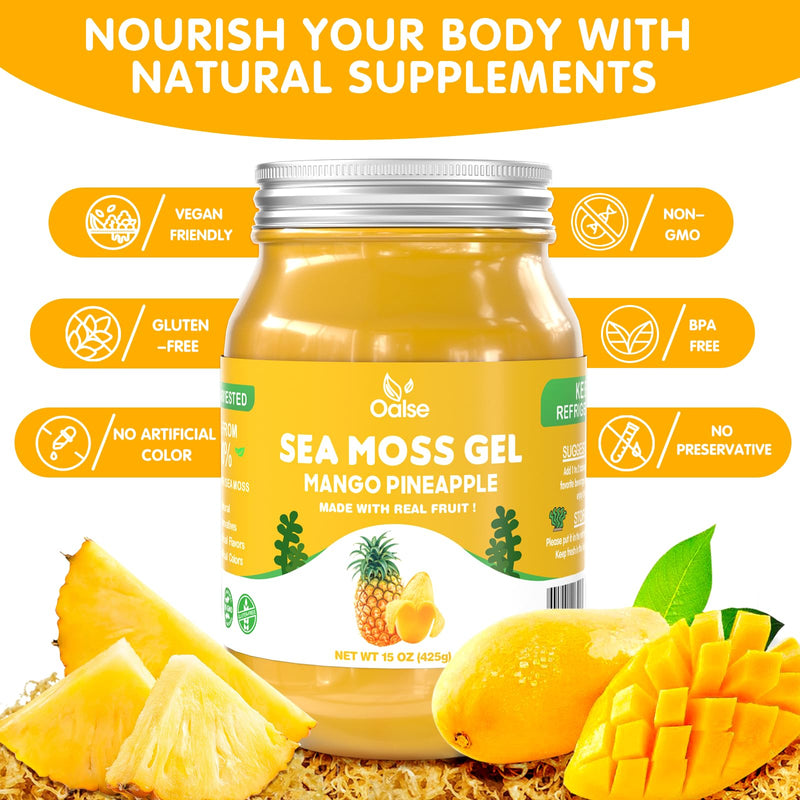 Sea Moss Gel Mango Pineapple Flavor, Natural Raw Seamoss Gel, 15 OZ | with 92 Minerals and Vitamins, Non-GMO, Gluten-Free, Vegan 15 Ounce (Pack of 1)