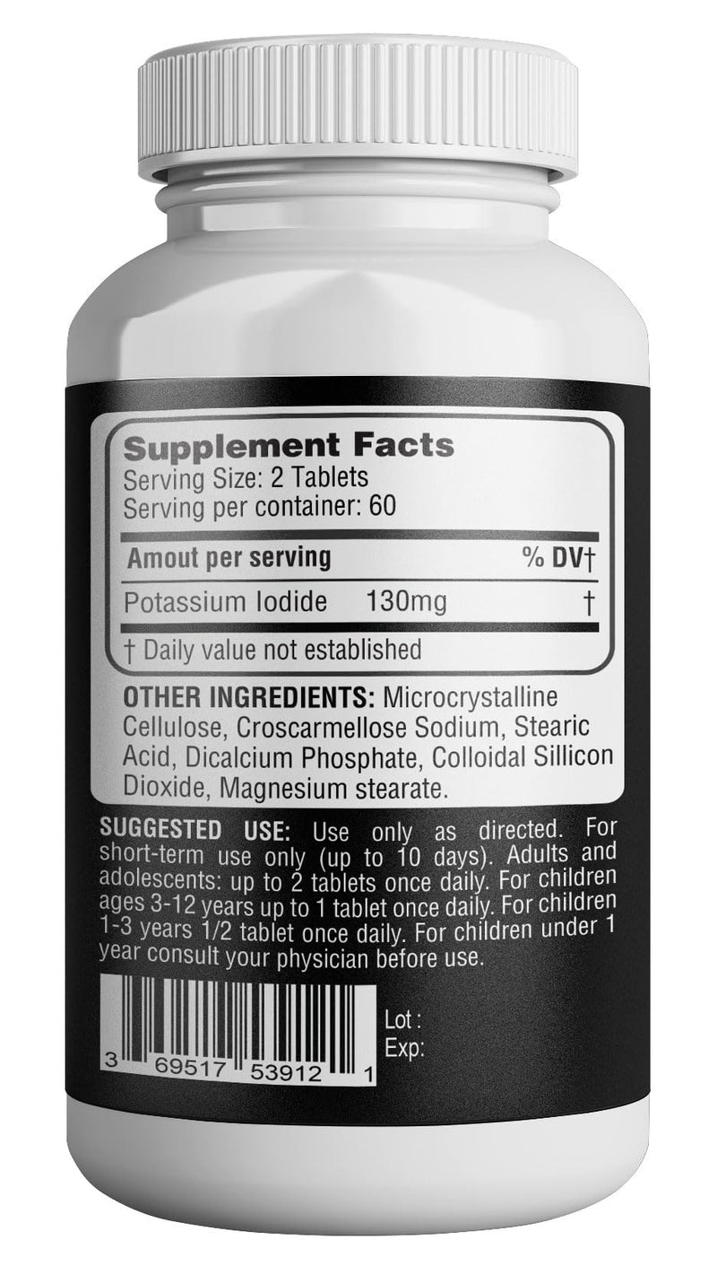 [Australia] - Potassium Iodide Tablets 130 mg - KI Tablets- Potassium Iodine Tablets 130 mg - USA MADE Potassium Iodine Pills YODO Naciente, Yoduro de potasio - 120 Tablets 