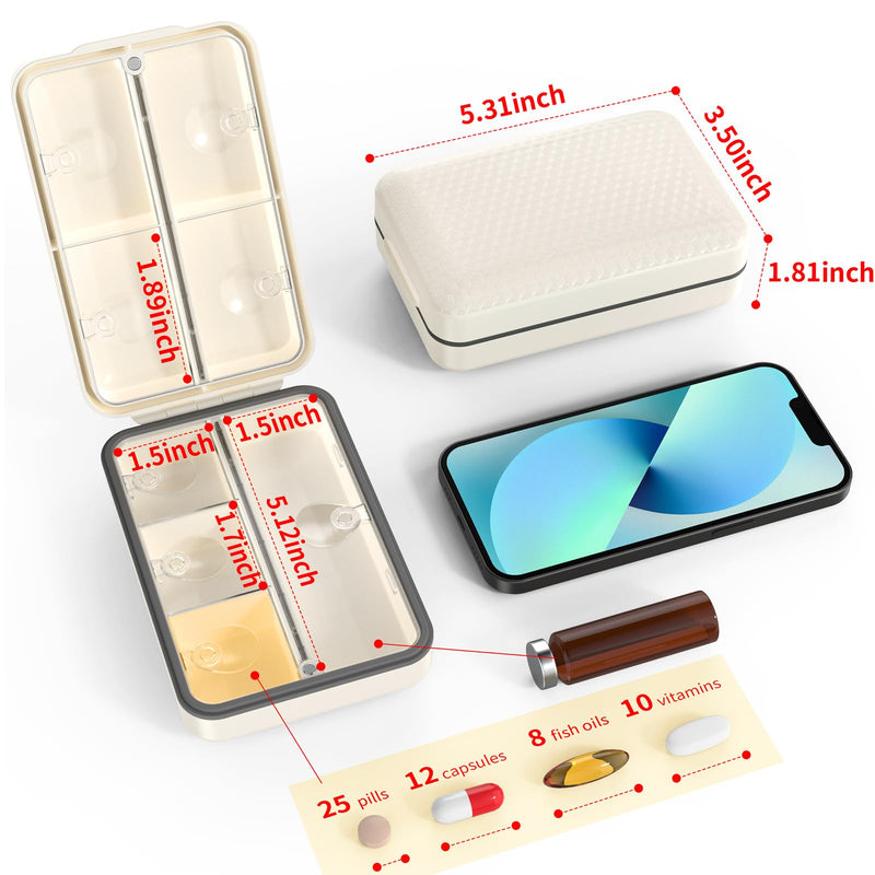Restree Weekly Pill Organizer 8 Compartment, [Triple Seal Magnetic Lock] Travel Pill Case with Labels & Inner Lid, Moisture Proof for Vitamins, Fish Oil, Supplements, Daily Meds – 7+1 Large (White) White