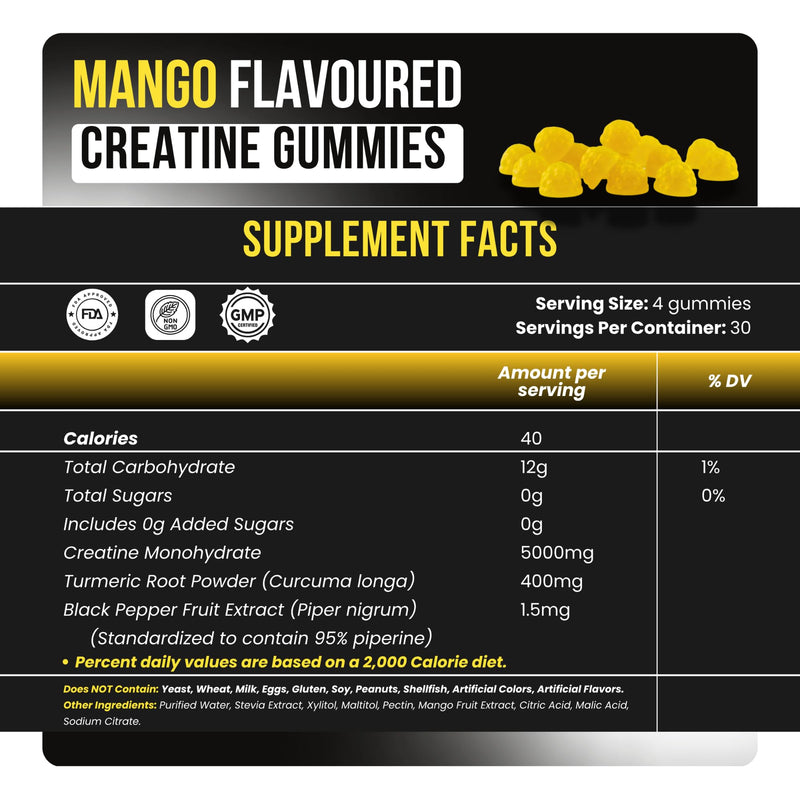 Sugar-Free Creatine Monohydrate 5000mg Gummies, 120 Count, Mango Flavour, High-Strength Creatine Gummy Supplement for Workout & Gym Support for Men & Women