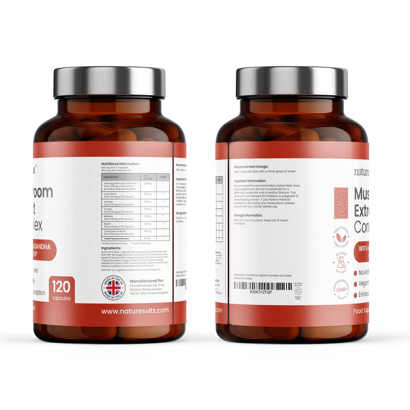 4000mg 6 Mushroom Complex with Ashwaghandha KSM-66, Lions Mane, Cordyceps, Shiitake, Reishi, Chaga and Maitake, 120 Capsules, 2/Day Focus and Brain Support Herbal Nootropic - 40% Polysaccharides