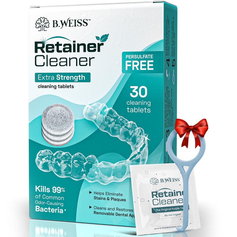 [Australia] - Retainer Cleaner Tablets, Invisalign Cleaner, Remove Stains, Odors & Plaque, Night Guard Cleaner, FSA & HSA Eligible, 1-Month Supply of PERSULFATE-FREE Denture Cleaner, 30 Tablets, Mint-Scented 