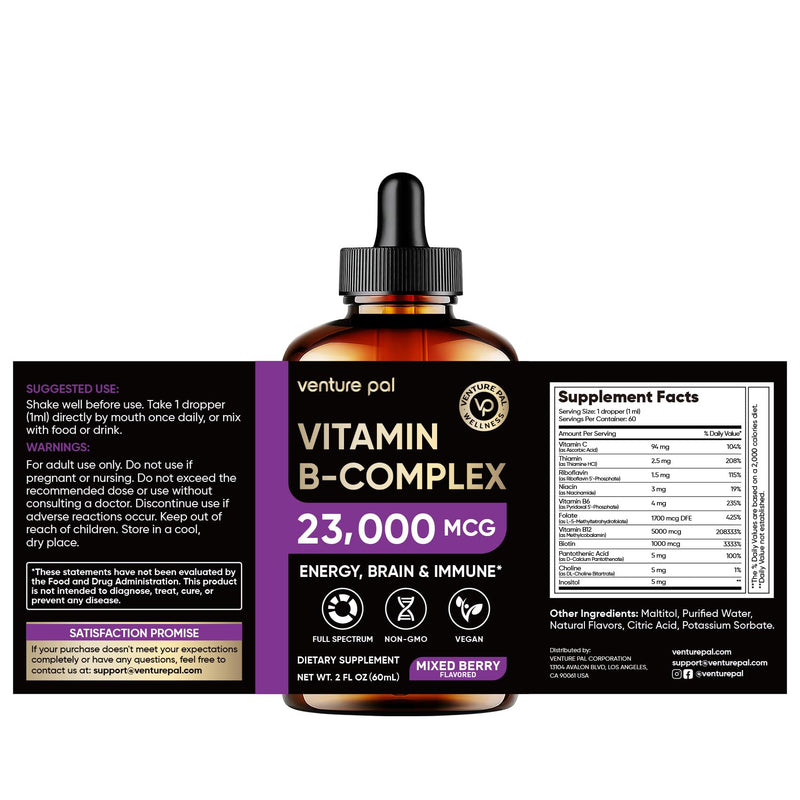 Vitamin B Complex 23000mcg - Methyl B12| B9 Folic|B7 Biotin,B1,B2,B3,B5,B6 | Vitamin B Complex Liquid Drops for Men & Women with Vitamin C, Choline & Inositol for Energy, Immune & Brain Support - 2Oz 2 Fl Oz (Pack of 1) V1-mixed Berry