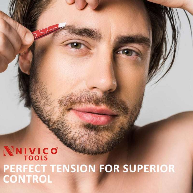 NIVICO Eyebrow Tweezer Hair Removal, Slant Stainless Steel 9.5cm Ingrown Facial Hair Tweezers for Men And Women (Red Coated)