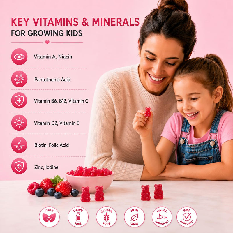 Kids Multivitamin Gummies 3-12 - Berry Flavor Vitamins | Kids Chewable Multivitamins | 60 Daily Gummies Includes Vitamin-A, Vitamin-C, B6, B12, B5, Niacin, Iodine, Zinc & Biotin