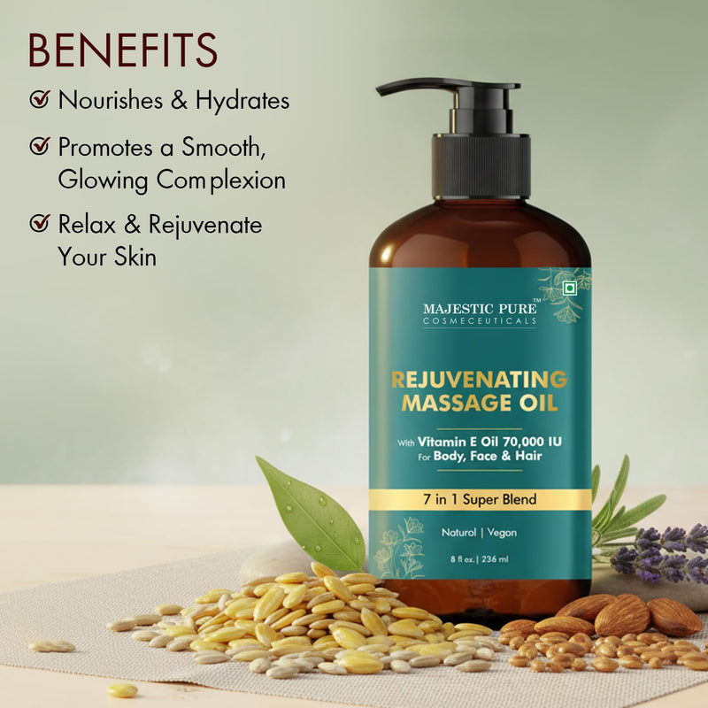 Majestic Pure Vitamin E 70,000 IU Massage Oil, Nourishing Body Oil, 8 Fl Oz | Refreshing and Relaxing- Natural Oils with Almond - Jojoba - Argan & Avocado for Hydrating Dry Skin Types- Men and Women 8 Fl Oz (Pack of 1)