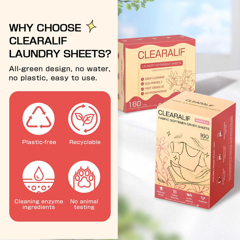 [Australia] - CLEARALIF All in One Laundry Detergent Sheets Kit, Magnolia Scent, 160 Loads Laundry Sheets + 160 Drying Sheets, Laundry Set Great for Travel, Softener Sheets Eco Package Friendly & Hypoallergenic 