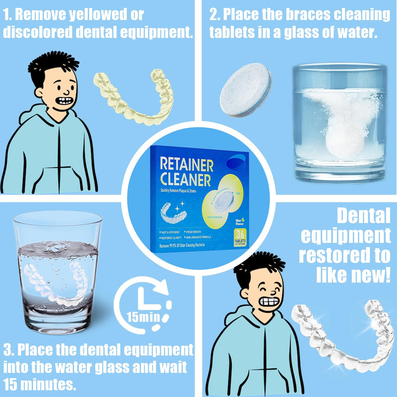 [Australia] - Cleaning tablets for braces - 36 retainer cleaning tablets, remove stains from braces and discoloration, suitable for Invisalign and mouth guards 