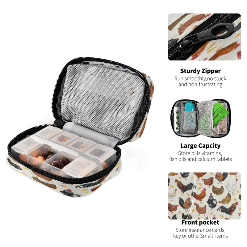 Hens Roosters Chickens Set Pill Organizer Case 7 Day Rustic Travel Pill Box with Zipper Portable Small Weekly Vitamin Medicine Supplement Holder Pouch Bag